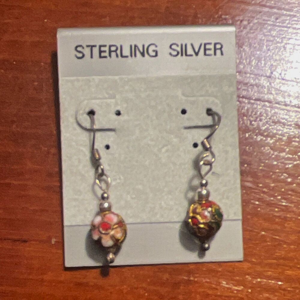 VTG 925 Sterling Silver Dangle Drop Hook Earrings with Round Beads, Silver